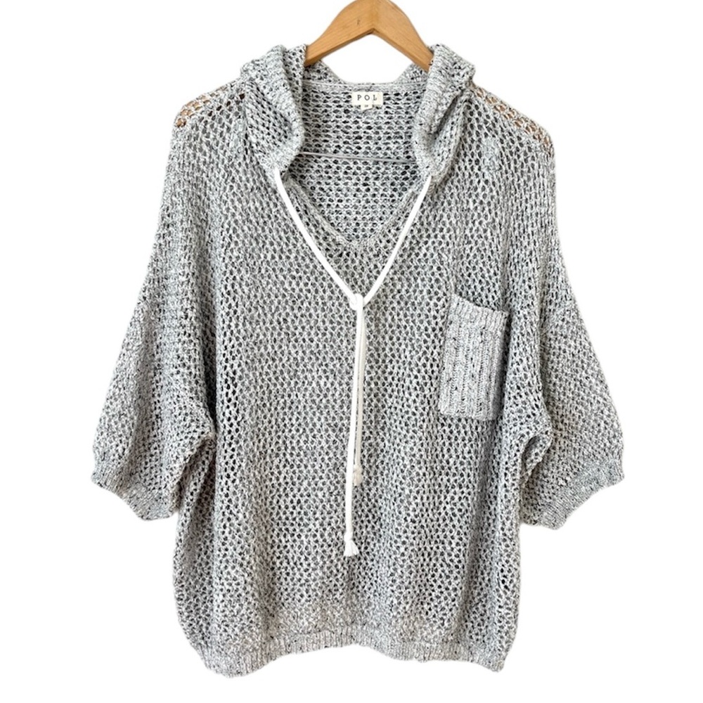 POL Open Knit Oversized Boho Lagenlook Hooded Sweater Marled Gray